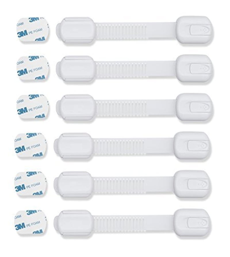 CUTESAFETY - Child Safety Cabinet Locks (6 Pack) - Adjustable Baby Proofing Strap Latches with Strong 3M Adhesive - No Drill Childproof Locks for Drawers, Cabinets, Fridge, Door, Closet, White